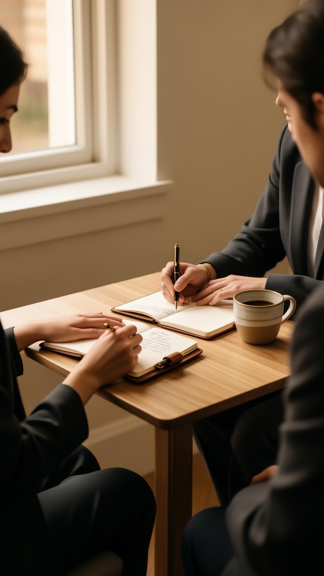 Quiet one-to-one consultation, notebooks open between two professionals