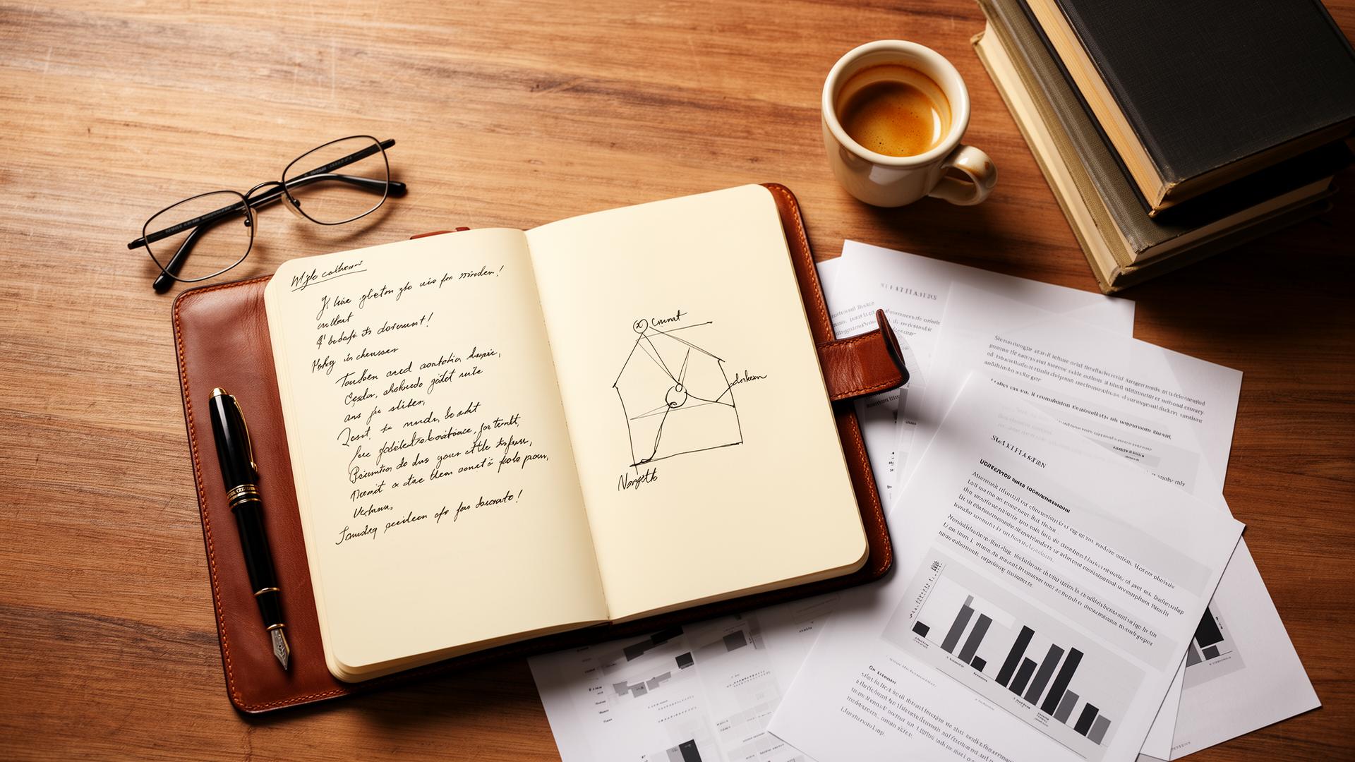 Strategic planning desk: open notebook with handwritten diagram, espresso, printed reports