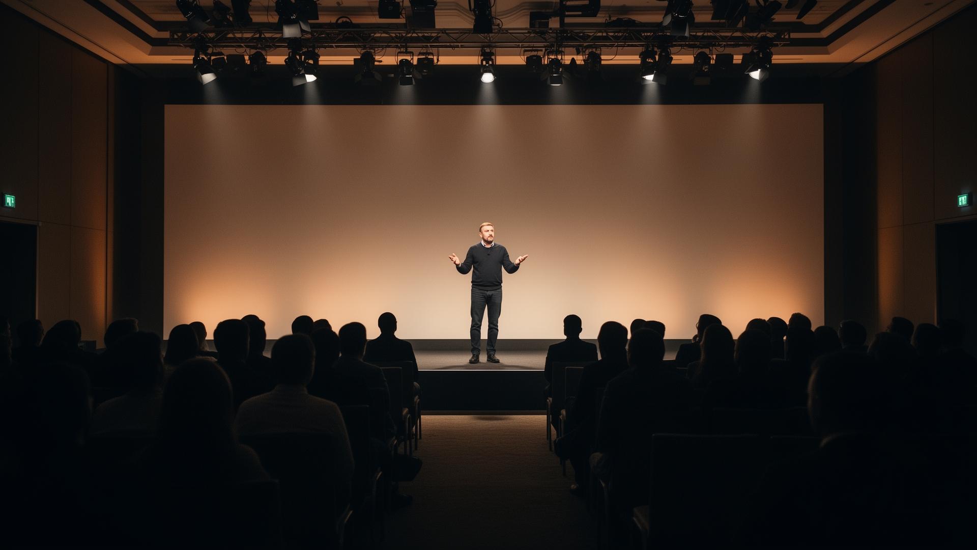 Keynote moment from a leadership session, speaker mid-gesture before a seated audience
